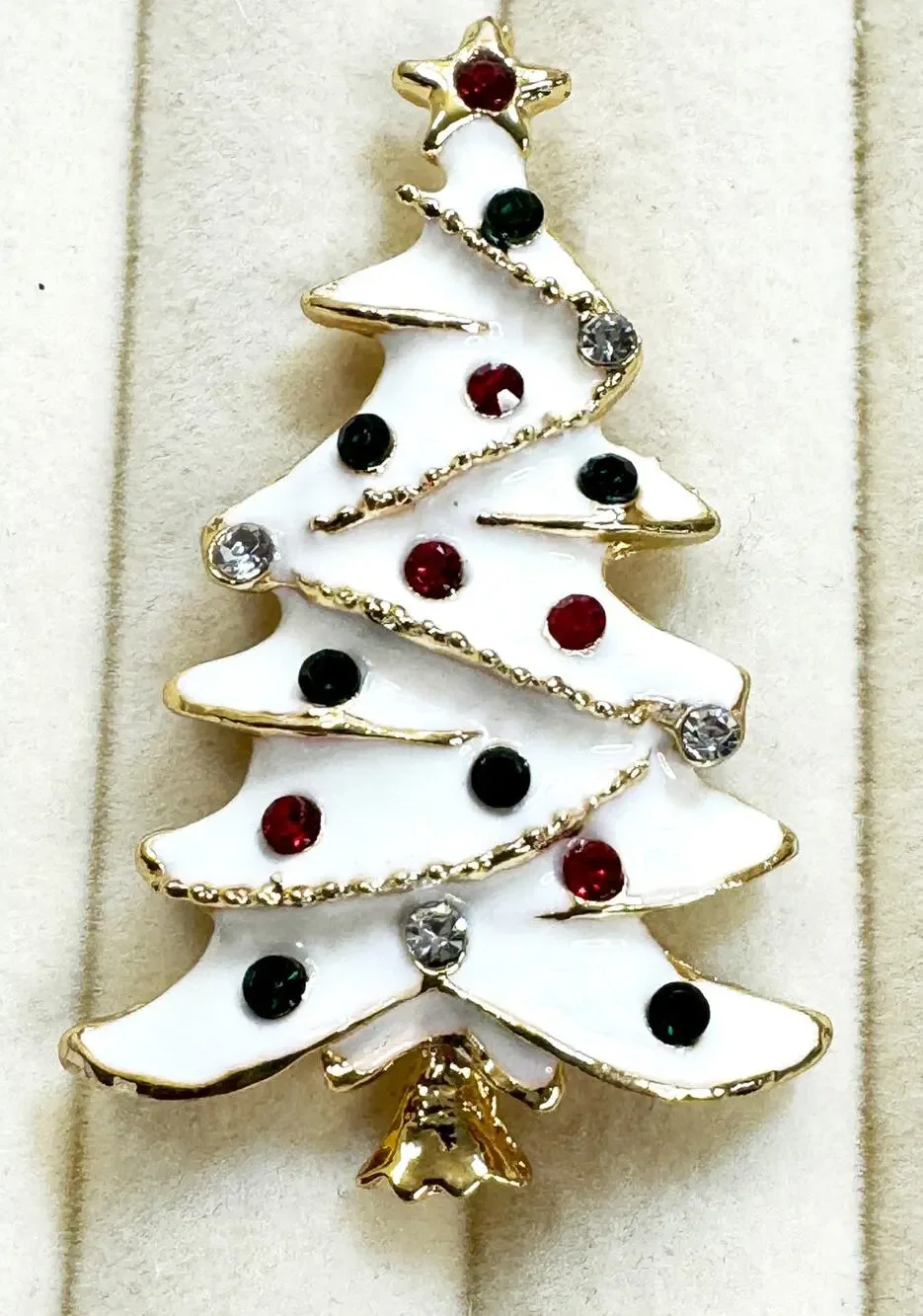 White Enamel Christmas Tree Brooch Pin Gold Rhinestone Holiday Brooch 2
